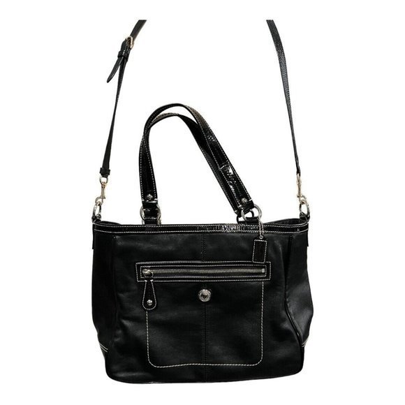 Coach Black Leather and Patent Tote Handbag Laura F14887 Coach Tag Blue Lining - Picture 10 of 16